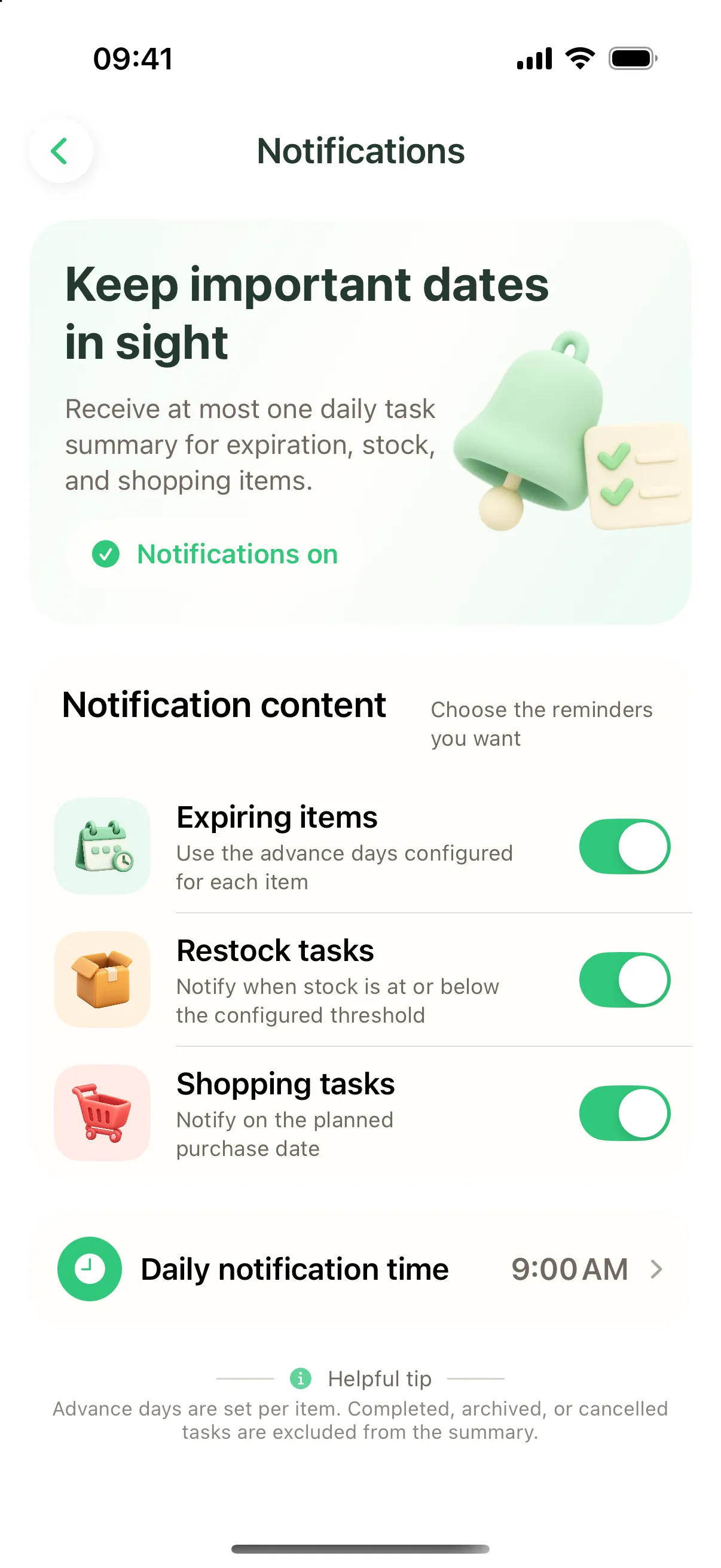 Notification settings with three toggles and a daily time